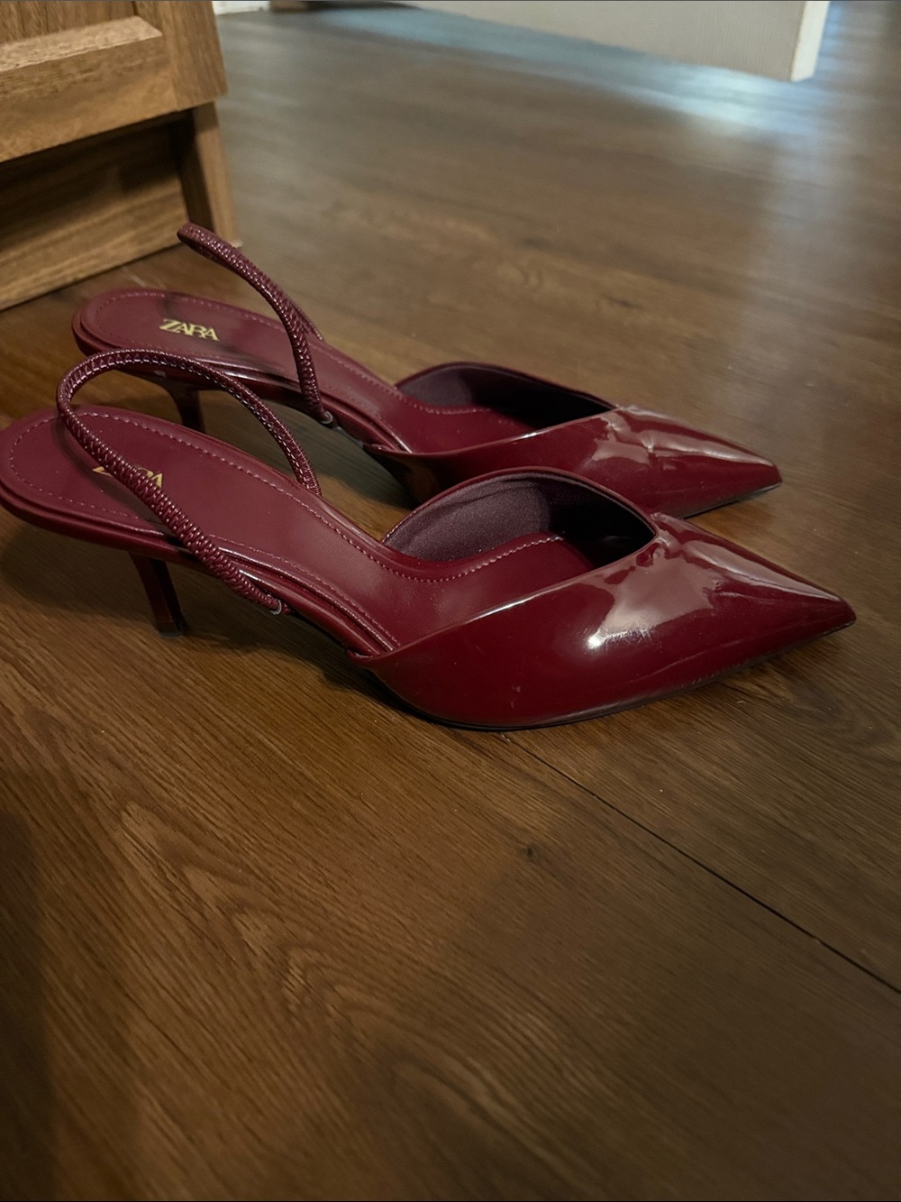 Zara Patent Pointed Slingback Heels in Deep Burgundy